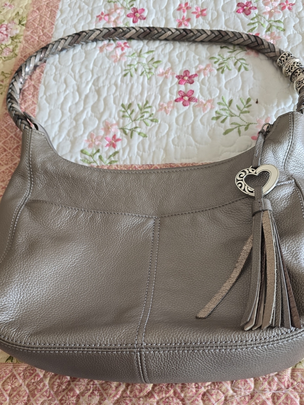 Brighton Stylish Leather Hobo Bag with Heart Tassel, Taupe Color.